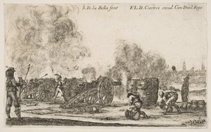 Plåt 6: batteri av kanoner som skjuter mot en stad, från Various Military Caprices Varii ..., ca. 1641. av Stefano della Bella