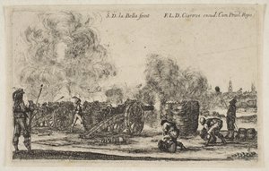 Plåt 6: batteri av kanoner som skjuter mot en stad, från Various Military Caprices Varii ..., ca. 1641. av Stefano della Bella