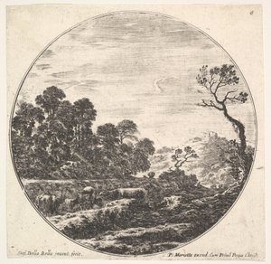 Plåt 6: kor som korsar en dal till vänster, en grupp träd till vänster, en ryttare och o..., ca. 1643-48. av Stefano della Bella