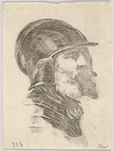 Plåt 6: huvudet på en gammal skäggig soldat med hjälm vänd åt höger, från Various heads..., 1650. av Stefano della Bella