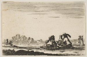 Plåt 7: Två adelsmän sittande i mitten, sedda bakifrån, samtalande med ett adelshav..., 1642. av Stefano della Bella