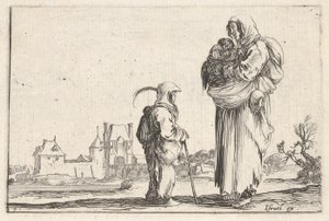 Tavla 7: en bondkvinna som bär ett barn till höger, talar med ett annat barn som står..., ca. 1642. av Stefano della Bella
