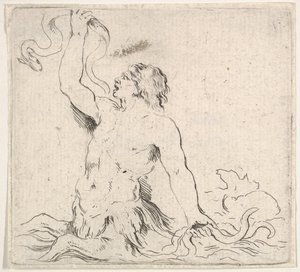 Tavla 7: en triton i vattnet, vänd åt vänster, håller upp en ål i höger hand och t..., ca. 1646. av Stefano della Bella
