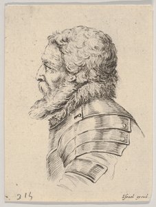 Skylt 7: byst av en skäggig soldat som bär rustning, vänd åt vänster i profil, från Various he..., 1650. av Stefano della Bella