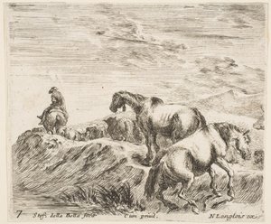 Plåt 7: två hästar som stiger uppför stranden av en flod till höger, efter en procession ..., ca. 1644-47. av Stefano della Bella