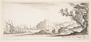 Skylt 7: olika båtar på land till vänster, en man som bär en väska, sedd bakifrån och..., ca. 1641. av Stefano della Bella