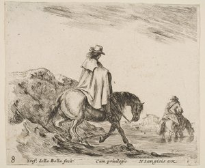 Plåt 8: en ryttare går ner för en flodstrand, en annan ryttare i floden till höger, från ..., ca. 1644-47. av Stefano della Bella