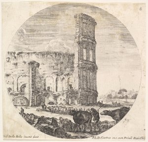 Tavla 8: Colosseum, två flockar som riktas mot amfiteatern i fo..., ca. 1643-48. av Stefano della Bella