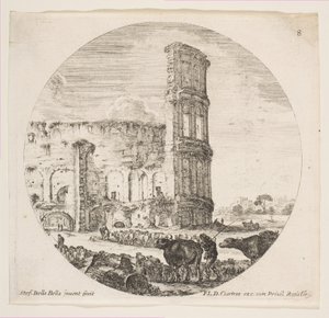 Tavla 8: Colosseum, två flockar som riktas mot amfiteatern i förgrunden..., ca. 1646. av Stefano della Bella