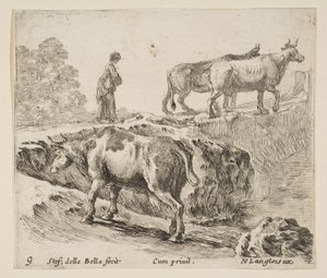 Tavla 9: en ko som går upp på en bank, en bondkvinna som leder två kor över en bro i..., ca. 1644-47. av Stefano della Bella