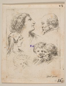 Tavla 9: fem huvuden, två unga kvinnor till vänster, en skäggig man uppe till höger, en ung kvinna..., ca. 1649. av Stefano della Bella