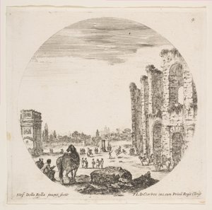Plåt 9: Konstantins båge till vänster, en del av Colosseum till höger, olika hors..., ca. 1646. av Stefano della Bella