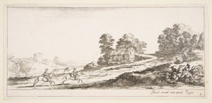 Plåt 9: två ryttare till vänster galopperande uppför mot höger, en häst och sittande m..., ca. 1641. av Stefano della Bella