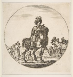 Polsk ryttare vänd åt höger, en cirkulär komposition, från Figures on Horseback Cav..., ca. 1651. av Stefano della Bella
