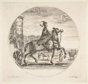 Polsk ryttare i profil vänd åt höger, ett torn och andra figurer på hästar i bakgrunden, ca. 1651. av Stefano della Bella