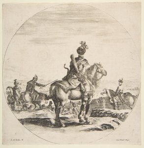 Polsk ryttare med pil och båge, sedd bakifrån med hästen vänd åt höger, en ..., ca. 1651. av Stefano della Bella