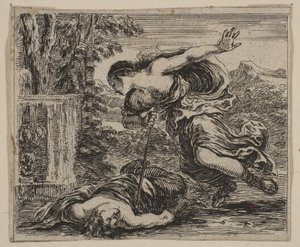 Pyramus och Thisbe, från Game of Mythology Jeu de la Mythologie, 1644 av Stefano della Bella