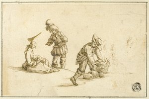 Vilande mor och barn samt två män, en lyfter en korg av Stefano della Bella