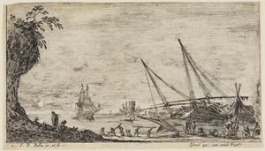 Havslandskap (Paysages maritimes): Hamn med sjömän och arbetare som transporterar timmer av Stefano della Bella
