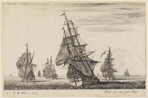 Havslandskap (Paysages maritimes): Ett fartyg som sätter segel i förgrunden, ytterligare fartyg i bakgrunden av Stefano della Bella
