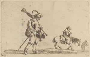 Soldat som håller en fågel vid fötterna. av Stefano della Bella
