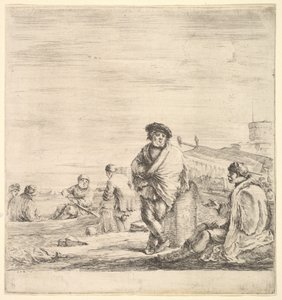 Stående sjöman i mitten pratar med en sittande levantinsk man till vänster, ses i profil..., ca. 1658-63. av Stefano della Bella