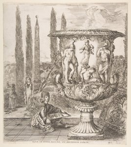 Medici-vasen, en stor vas till höger dekorerad med en representation av offret av..., 1656. av Stefano della Bella