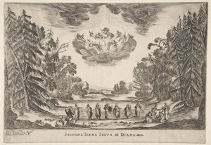 The Wedding of the Gods: Second Scene, Diana, 1637. av Stefano della Bella