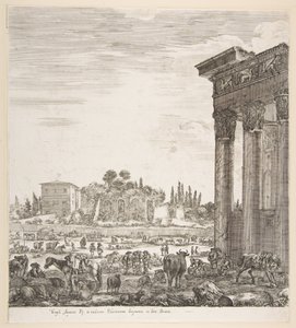 Kolumnerna i Antoninustemplet till höger, en del av Campo Vaccino i mitten och..., 1656. av Stefano della Bella