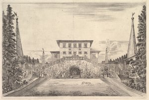 Villan i mitten flankerad av fyra obelisker, en trappa till vardera sidan, en staty i ..., ca. 1653. av Stefano della Bella