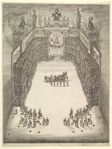Teater i Modena, sedd från ovan och fylld av åskådare, med en triumfbil vid cen..., 1652.