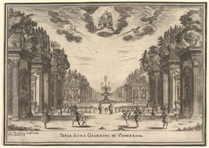 Tredje scenen, Venus trädgård, från "Gudarnas äktenskap" Le nozze degli Dei, 1637. av Stefano della Bella