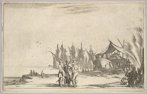 Tre män med hattar som står i mitten, män som fixar ett skepp till höger, fem skepp och vari..., 1639. av Stefano della Bella
