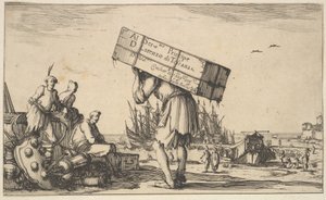 Titelsida: en man som bär ett fodral på ryggen i mitten, tre män tittar mot honom på ..., 1639. av Stefano della Bella