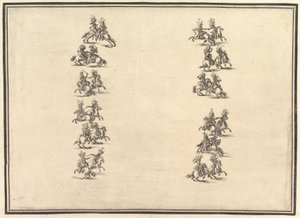 Tjugofyra ryttare som duellerar och bildar två kolonner, från La Gara delle Stagioni, 1652. av Stefano della Bella
