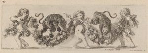 Två leoparder som hoppar en festong understödda av barn, troligen 1648. av Stefano della Bella