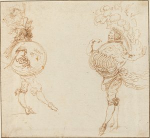 Två män i maskeraddräkter: Jorden och en paradhjälm, ca. 1645. av Stefano della Bella