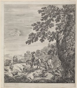 Två ryttare som passerar nära en flock djur, 1656. av Stefano della Bella