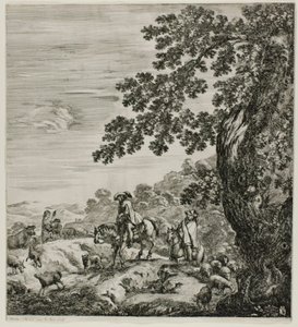 Två ryttare som passerar en flock, tallrik fem från The Six Large Views of Rome and the Campagna av Stefano della Bella
