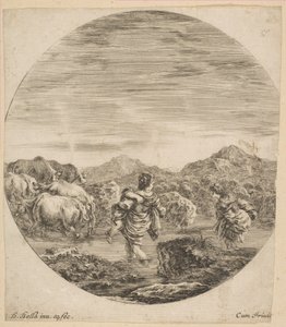 Två kvinnor som korsar en bäck, ca. 1646. av Stefano della Bella