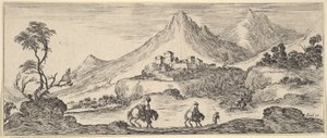 Två ryttare går ner för en kulle i centrum, efter en annan man till fots, ett slott i ..., ca. 1641. av Stefano della Bella