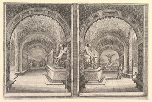 Två vyer av en grotta, båda vyer med en fontän med en sittande staty, sett från ..., ca. 1653. av Stefano della Bella