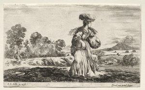 Olika figurer och landskap: Bondekvinna som bär en korg på huvudet, 1649. av Stefano della Bella