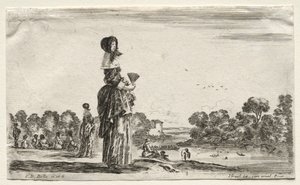 Olika figurer och landskap: Kvinnor som tittar på badande längs en flod, 1649.