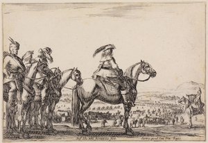 Olika figurer (Varie figure): Armé på marsch på slätten. På höjden i förgrunden befälhavaren och hans följeslagare, till höger trumpetaren av Stefano della Bella