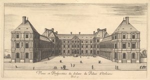 Utsikt och perspektiv på insidan av Palais dOrleans, från olika vyer av rema..., 1649-51. av Stefano della Bella