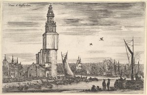 Utsikt över Amsterdam Vue dAmsterdam, ett torn och hus till vänster, män som står på piren ..., 1647. av Stefano della Bella