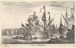 Utsikt över Amsterdams hamn Veue dAmsterdam, män i roddbåtar arbetar på ett fartyg i centrum..., 1647. av Stefano della Bella