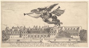 Vy över Palais Cardinal, berömmelsesfiguren högst upp i mitten flygande mot vänster a..., 1649-51. av Stefano della Bella