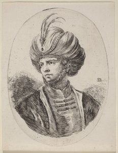 Ung mor med lätt skägg och fjäderprydd turban, vänd åt vänster av Stefano della Bella